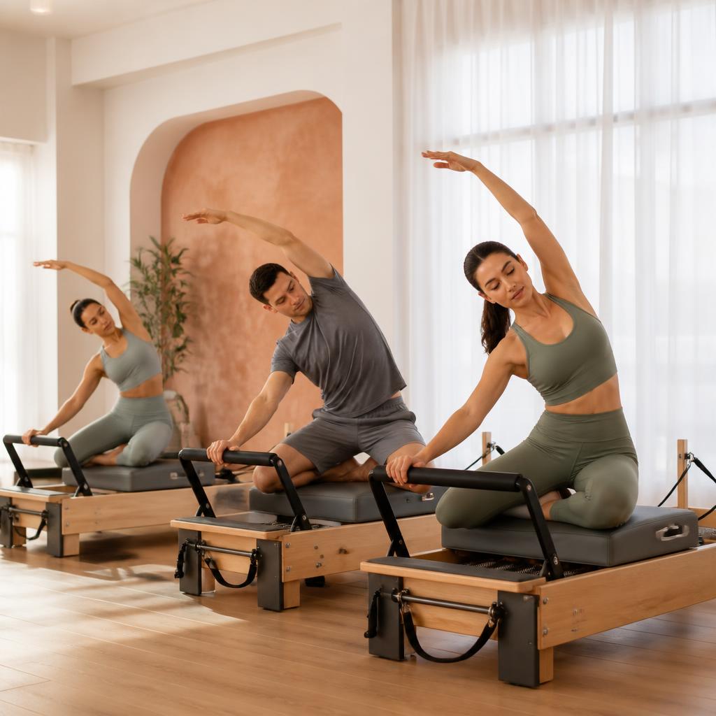 Lezione di Pilates su reformer in uno studio luminoso